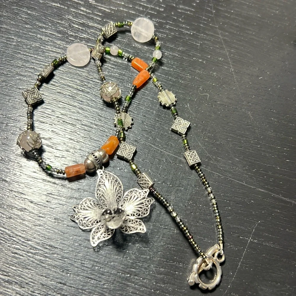 Sterling Silver Floral Pendant Necklace with Green and Orange Beads